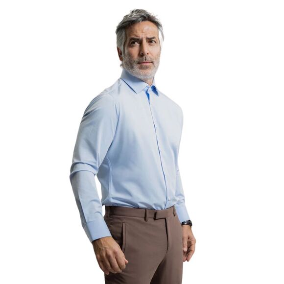 SENE Breeze Tech Spread Shirt Mens Bespoke 18/32 Tailored Light Blue Bamboo Flex - Picture 2 of 15
